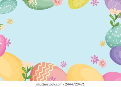 Canvas adorned with an array of vibrant Easter eggs and blooming flowers. Easter template for cards, banners, posters, advertisements. 