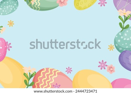 Canvas adorned with an array of vibrant Easter eggs and blooming flowers. Easter template for cards, banners, posters, advertisements. 