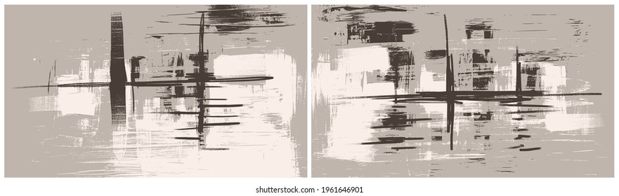 Canvas art, modern abstract background designs landscape painting, hand painted lines, cross hatching strokes as reflections. Oil, acrylic paint texture vector set