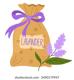 Bolsa de lona con sal de baño aromática con sabor a lavanda. Flores de lavanda y hojas verdes.  Hierba aromática utilizada en cocina o aromaterapia. Ilustración vectorial plana aislada sobre fondo blanco 