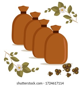 Canvas bag with dry tea leaves. Use for postcard, poster, banner, web design and print on a t-shirt. Easy to edit. Vector illustration