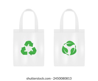 Canvas bag. fabric bag mockup. Fabric bag with handle. template and white cotton eco bag. Bags mockup and green recycling symbol isolated on white. Vector illustration