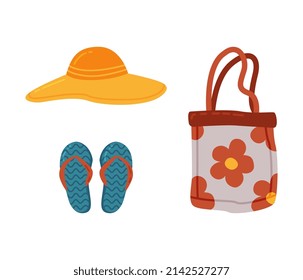 Canvas Bag, Flip Flops and Wide Brimmed Hat as Travel and Tourist Item Vector Set