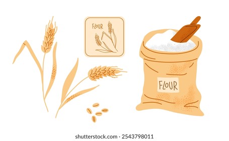 Canvas bag of flour, ears, grains and tag for packing flour. Bread and harvest agricultural symbol flour. Flat Vector isolated on white background. Product Displays, Marketing, Design Projects