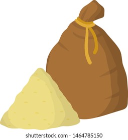 Canvas bag with flour and grain. Element of villages - burlap. Organic food. Bread production. Wheat seed storage. Scattered pile.