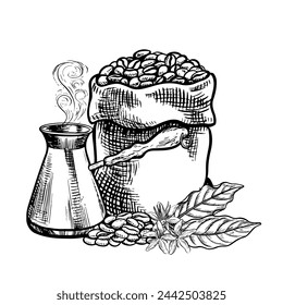 A canvas bag full of coffee beans, a coffee maker and a handful of coffee beans with leaves. Black and white vector illustration. For packaging and labels. For banners, flyers, menus and posters.