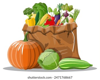 Bolsa de lona llena de verduras. Agricultura de alimentos frescos, productos de agricultura orgánica. Cosecha de otoño. Cebolla, col, pimienta, calabaza, pepino, tomate y otras verduras. estilo plano de Ilustración vectorial