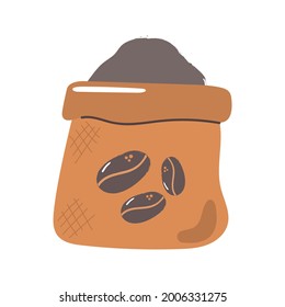 Canvas bag with ground coffee, coffee beans. Pile cocoa powder.
