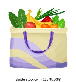 Canvas Bag with Handles Full of Food and Products from Grocery Market Vector Illustration