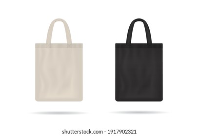 Canvas bag. mockup of fabric tote. Cloth totebag with handle. template of black and white cotton eco bag. Reusable tote for shopping. Blank mock for shopper. Ecobag for grocery. Vector.