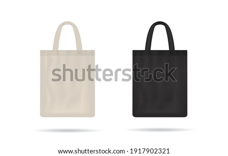 Canvas bag. mockup of fabric tote. Cloth totebag with handle. template of black and white cotton eco bag. Reusable tote for shopping. Blank mock for shopper. Ecobag for grocery. Vector.