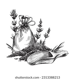 Bolsa de lona con sal marina y cuchara con flores de lavanda. Ilustración dibujada a mano, vector gráfico EPS. Composición aislada sobre fondo blanco.