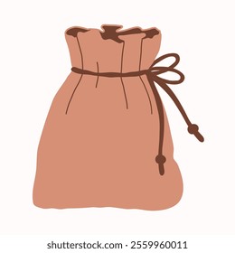 Canvas bag tied with rope in cartoon style. Hand-drawn cartoon style. Brown bag for gifts, storage of cereals, herbs, seeds and other items. Vector Illustration for printing, backgrounds and packaging