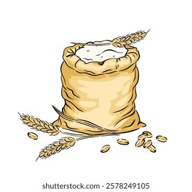 Canvas bag of wheat flour, hand drawn vector isolated on white background