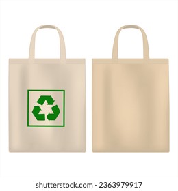 Canvas bag. White fabric bag mockup. Fabric bag with handle. Reusable shopping bag. Shopping eco concept. Eco-bag for groceries with recycle sign. Vector illustration isolated on white background