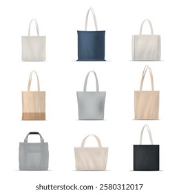 Canvas bags different shape and color for personal goods carrying set realistic vector illustration. Recycling shopping luggage with textile handles fabric material accessory package with pocket