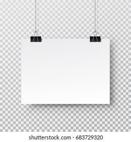 Canvas or blank poster hanging on binder. Clip on office post note isolated on transparent background. Vector silver paperclip on memo mock up for advertising design