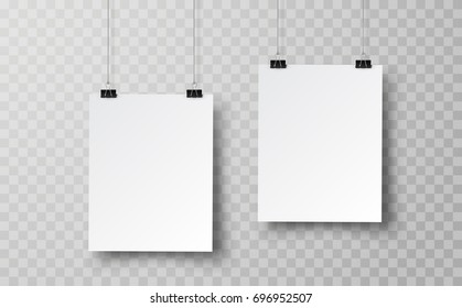 Canvas or blank poster hanging on binder. Clip on office post note isolated on transparent background. Vector silver paperclip on memo mock up for advertising design.