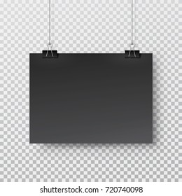 Canvas or blank poster hanging on binder. Clip on office post note isolated on transparent background. Vector silver paperclip on memo mock up for advertising design.