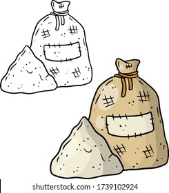 Canvas burlap bag. Cartoon drawn illustration. Rustic element for mill. Packaging for storage of grain and flour. pile of wheat