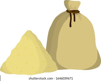 Canvas burlap bag. Cartoon flat illustration. Rustic element for mill. pile of wheat. Packaging for storage of grain and flour