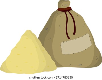 Canvas burlap bag. Cartoon flat illustration. Rustic element for mill. Packaging for storage of grain and flour. pile of wheat