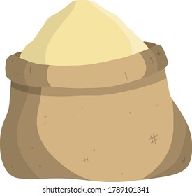 Canvas burlap bag. Cartoon flat illustration. Rustic element for mill. Packaging for storage of grain and flour. pile of wheat