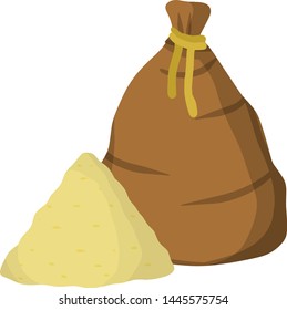 Canvas burlap bag. Packaging for storage of grain and flour. Rustic element for the mill. pile of wheat. Cartoon flat illustration