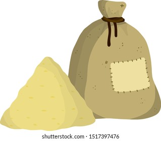 Canvas burlap bag. Packaging for storage of grain and flour. Cartoon flat illustration. Rustic element for the mill. pile of wheat