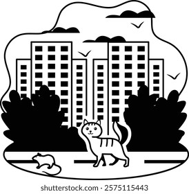 Canvas of canine and feline frolics vector design, Pet foster and hotel Symbol, kennel animals Sign, playful cat, a flock of chirping birds, and a scurrying mouse shared space of bustling park concept