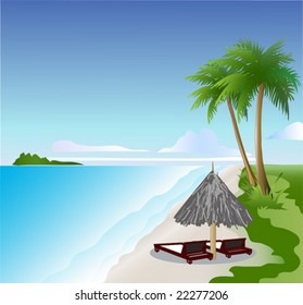 Canvas chairs on the beach. Vector illustration. Tropical background. Vacation concept.