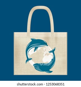 Canvas cotton textiles eco bag. Whale, dolphin, planet Earth. Natural color. Stop plastic pollution. Grunge burlap texture