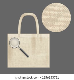 Canvas cotton textiles eco bag. Magnifier close-up. Natural color. Stop plastic pollution. Grunge burlap texture