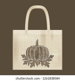 Canvas cotton textiles eco bag. Harvest, pumpkin, leaves. Natural color. Grunge burlap texture