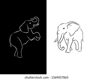 The canvas is divided into black and white sides. On the white side is the silhouette of a black elephant and on the black side is the silhouette of a white elephant.