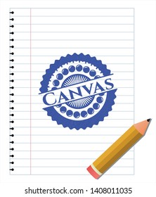 Canvas emblem draw with pen effect. Blue ink. Vector Illustration. Detailed.