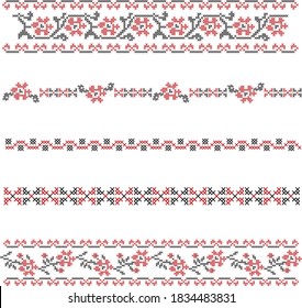 Canvas Embroidery Pattern Set Template - Floral Rose and Geometric Traditional Motifs Vector