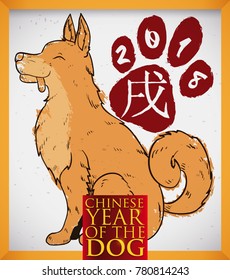 Canvas in golden frame and red label with cute puppy in hand drawn style painted with watercolor, and a paw print with number 2018 for Chinese New Year of the Dog (written in Chinese calligraphy).