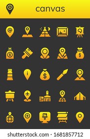 Leinensymbol-Set. 26 gefüllte Leinensymbole. Einschließlich Platzhalter, Zelt, Malerei, Leinwand, Geldbeutel, Pinsel, Farben, Pinsel, Pinsel