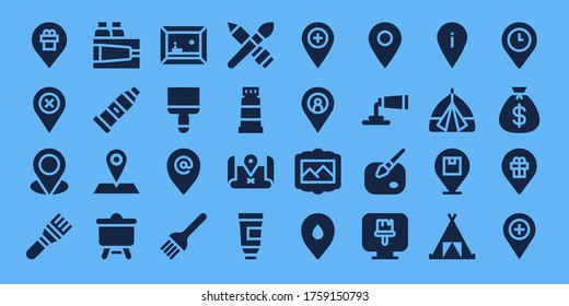 conjunto de iconos de lienzo. 32 iconos de lienzo rellenos. Incluido Marcador de posición, Pincel, Pinza, Tubo de pintura, Lienzo, Pintura, Pincel de pintura, Tienda, Iconos de bolsas de dinero
