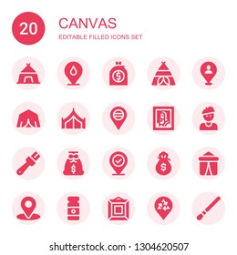 canvas icon set. Collection of 20 filled canvas icons included Tent, Placeholder, Money bag, Art, Artist, Brush, Paint tube, Painting