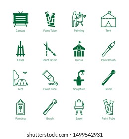 canvas icons. Editable 16 canvas icons. Included icons such as Canvas, Paint tube, Painting, Tent, Easel, Paint brush, Circus, Sculpture, Brush. trendy icons for web.