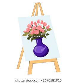 A canvas on an easel depicting a lush bouquet of light pink roses in a blue vase. Vector illustration isolated on a white background.