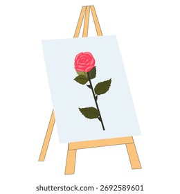 Eine Leinwand auf einer Staffelei, die eine einzige, üppige, hellrosa Rose darstellt. Vektorgrafik einzeln auf weißem Hintergrund.