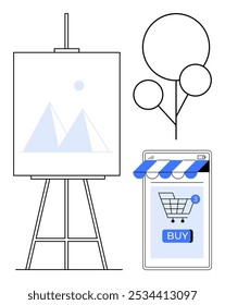 Canvas on an easel, simple geometric tree, and smartphone displaying a shopping cart with a Buy button. Ideal for technology innovation, design inspiration, online shopping, modern art, digital