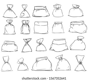 Canvas sack Set vector. Hand drawn Bag. Vector stock Illustration. Burlap sack different sizes isolated on a white background. Sketch and grunge style.