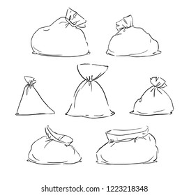 Canvas sack vector. Sketch canvas bag set.