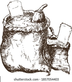 Canvas sack with whole wheat or sugar and wooden scoop hand drawn sketch, vector illustration. Vintage canvas bags.