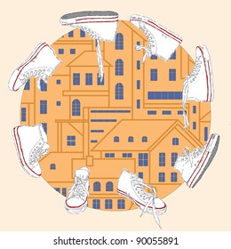 The canvas shoes located on a circle in which center the city is represented.