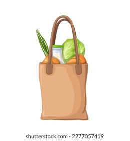 Canvas shopper bag with food vector illustration. Cartoon isolated fabric totebag with reusable pouch from eco friendly material full of grocery products, textile bag with handles for shopping